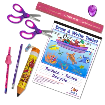8 Piece Left-Handed School Supplies for Kids Under 8 - Pink/Purple in with Princess pencil case.