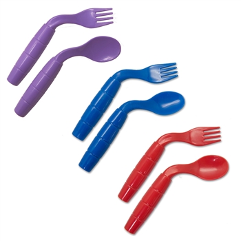 Left-angled spoon and fork set for lefty toddlers