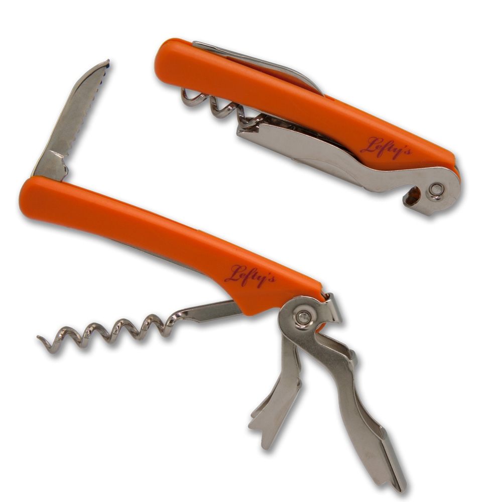 Left-Handed Manual Can Opener & Corkscrew Set, Orange Handle