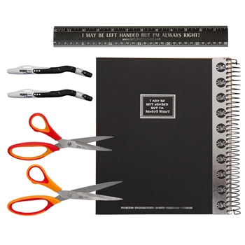 6 Piece Left-handed College Set, including left-handed notebook, left-handed scissors, and left-handed pens, left-handed ruler