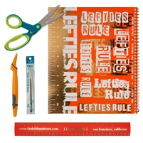 College Metallic Orange Lefties Rule Set, including left-handed notebook, left-handed scissors, and left-handed pen, left-handed ruler