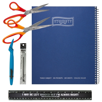 College Three Subjects Lefty Lefty Set, including left-handed notebook, left-handed scissors, and left-handed pen, left-handed ruler