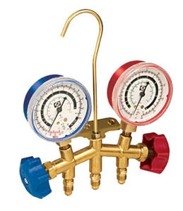 28205 JB Industries 2 Valve (kPA / PSI) Brass Manifold R-134A 63.5 mm Metric Gauges and 60" CCLA Hose Set with Couplers