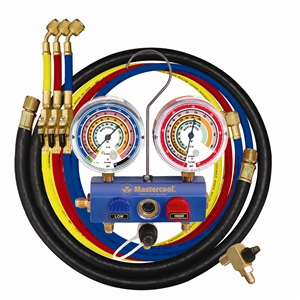 59836 Mastercool 3-Way 3/8" Ball Valve Manifold 36" 1/4" Sae Hoses W/Manual Ball Valves 90Deg