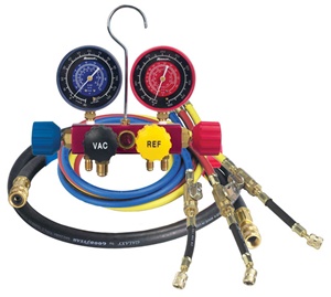 42248 Robinair 1/4 Flare 4 Way Aluminum Refrigerant Manifold Set R410A 60" ¼" Enviro-Guard hoses 45° in-line compact ball valves 1 – 60" 3/8" black evac hose