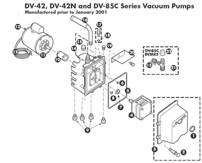 JB Industries Vacuum Pump Repair Parts Models, DV-42, DV42N, DV85C  Manufactured from February 1988 to December 2000