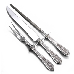 Rose Point by Wallace, Sterling Carving Fork, Knife & Sharpener, Roast