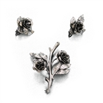 Pin & Earring Set by Danecraft, Sterling Roses, Leaves and Stem