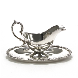 Gravy Boat, Attached Tray, Silverplate Scroll & Flower Design