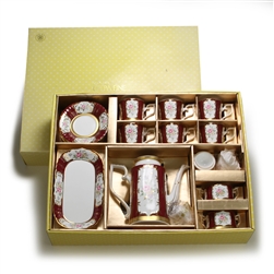 15-PC Coffee Set by Korean, China, Maroon & Gold Floral Design