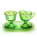 Cream Pitcher, Sugar Bowl & Tray by Indiana, Glass, Green Carnival