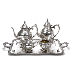 5-PC Tea & Coffee Service w/ Tray by Wm. Rogers, Silverplate, Scroll Design, Footed