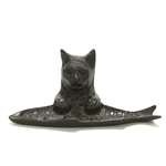 Inkwell Pen Holder, Bronze, Cat & Fish