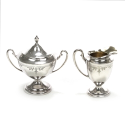 Cream Pitcher & Sugar Bowl by Derby Silver Co., Silverplate, Engraved Design