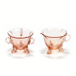 Cream Pitcher & Sugar Bowl, Glass, Pink Handled & 3 Toed