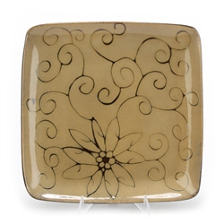 Square Dinner Plate, Stoneware, Tan, Flower & Scroll