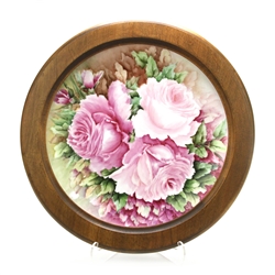 Decorators Plate, Porcelain, Roses, Wood Frame