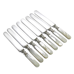 Pearl Handle by Landers, Frary & Clark Dinner Knives, Set of 8, Blunt Plated, Ball & Scroll Design