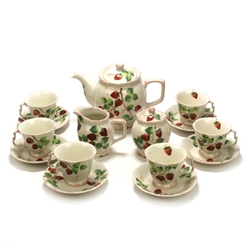 Strawberries by Sadek, Ceramic 3-PC Tea Service w/ 6 Cups & Saucers  3-PC Tea Service w/ 6 Cup & Saucers, Scalloped, Six Cup & Saucers