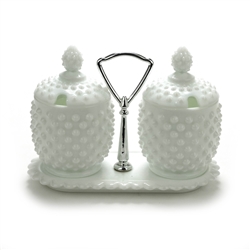 Hobnail Milk Glass by Fenton, Glass Jam/Jelly & Lid, Pair w/ Handled Tray