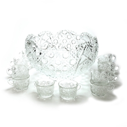 Daisy & Button Clear by Smith, Glass Punch Bowl w/ Cups, Tray & Ladle