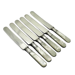 Pearl Handle by Landers, Frary & Clark Luncheon Knives, Set of 6, Blunt Plated, Vine Ferrule