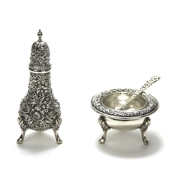 Repousse by Kirk, Sterling Pepper Cruet, Salt Stand & Salt Spoon Set