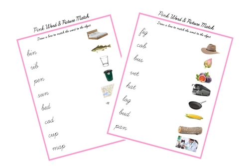 Pink Word and Picture Matching Worksheets, Cursive (PDF)