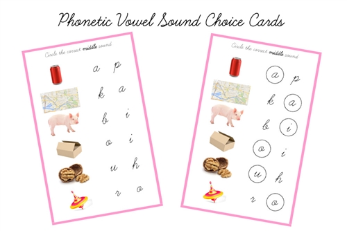 Pink Vowel Sound Choice Cards, Cursive (PDF)