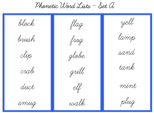 Blue Word Lists, Cursive - Set A (PDF)