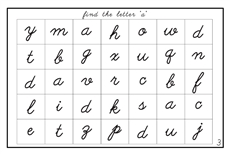 Letter Search Worksheets - Lower Case, Cursive (PDF)