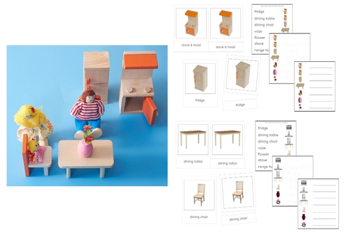 Brown Kitchen Set, 3 Dolls & PDF Language Exercise Cards