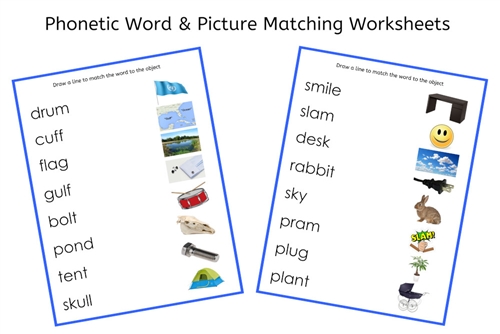 Blue Word and Picture Matching Worksheets (PDF)