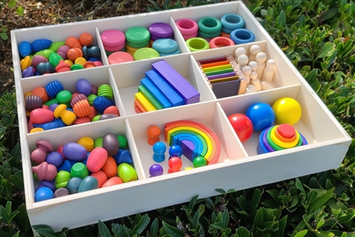 Assorted Tray of Rainbow Stacker and Loose Parts