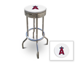 Bar Stool 29" Tall Chrome Finish Retro Style Backless Stool Featuring the Anaheim Angels MLB Team Logo Decal on a White Vinyl Covered Swivel Seat Cushion
