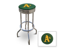 Bar Stool 29" Tall Chrome Finish Retro Style Backless Stool Featuring the Oakland A's MLB Team Logo Decal on a Green Vinyl Covered Swivel Seat Cushion