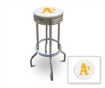 Bar Stool 29" Tall Chrome Finish Retro Style Backless Stool Featuring the Oakland A's MLB Team Logo Decal on a White Vinyl Covered Swivel Seat Cushion