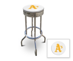 Bar Stool 29" Tall Chrome Finish Retro Style Backless Stool Featuring the Oakland A's MLB Team Logo Decal on a White Vinyl Covered Swivel Seat Cushion