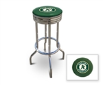 Bar Stool 29" Tall Chrome Finish Retro Style Backless Stool Featuring the Oakland Athletic's MLB Team Logo Decal on a Green Vinyl Covered Swivel Seat Cushion