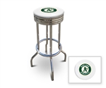 Bar Stool 29" Tall Chrome Finish Retro Style Backless Stool Featuring the Oakland Athletic's MLB Team Logo Decal on a White Vinyl Covered Swivel Seat Cushion