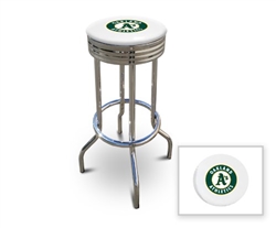 Bar Stool 29" Tall Chrome Finish Retro Style Backless Stool Featuring the Oakland Athletic's MLB Team Logo Decal on a White Vinyl Covered Swivel Seat Cushion