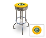 Bar Stool 29" Tall Chrome Finish Retro Style Backless Stool Featuring the Oakland Athletic's MLB Team Logo Decal on a Yellow Vinyl Covered Swivel Seat Cushion