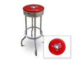 Bar Stool 29" Tall Chrome Finish Retro Style Backless Stool Featuring the Toronto Blue Jays MLB Team Logo Decal on a Red Vinyl Covered Swivel Seat Cushion