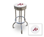 Bar Stool 29" Tall Chrome Finish Retro Style Backless Stool Featuring the Atlanta Braves MLB Team Logo Decal on a White Vinyl Covered Swivel Seat Cushion