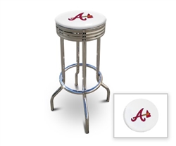 Bar Stool 29" Tall Chrome Finish Retro Style Backless Stool Featuring the Atlanta Braves MLB Team Logo Decal on a White Vinyl Covered Swivel Seat Cushion