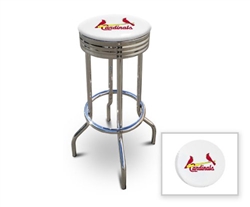 Bar Stool 29" Tall Chrome Finish Retro Style Backless Stool Featuring the St. Louis Cardinals MLB Team Logo Decal on a White Vinyl Covered Swivel Seat Cushion