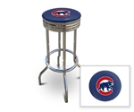 Bar Stool 29" Tall Chrome Finish Retro Style Backless Stool Featuring the Chicago Cubs MLB Team Logo Decal on a Blue Vinyl Covered Swivel Seat Cushion
