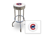 Bar Stool 29" Tall Chrome Finish Retro Style Backless Stool Featuring the Chicago Cubs MLB Team Logo Decal on a White Vinyl Covered Swivel Seat Cushion