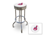 Bar Stool 29" Tall Chrome Finish Retro Style Backless Stool Featuring the Cleveland Indians MLB Team Logo Decal on a White Vinyl Covered Swivel Seat Cushion