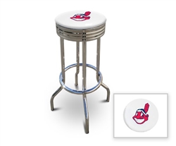 Bar Stool 29" Tall Chrome Finish Retro Style Backless Stool Featuring the Cleveland Indians MLB Team Logo Decal on a White Vinyl Covered Swivel Seat Cushion